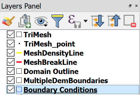 Panel de capas de QGIS con la capa *Boundary Conditions* seleccionada.