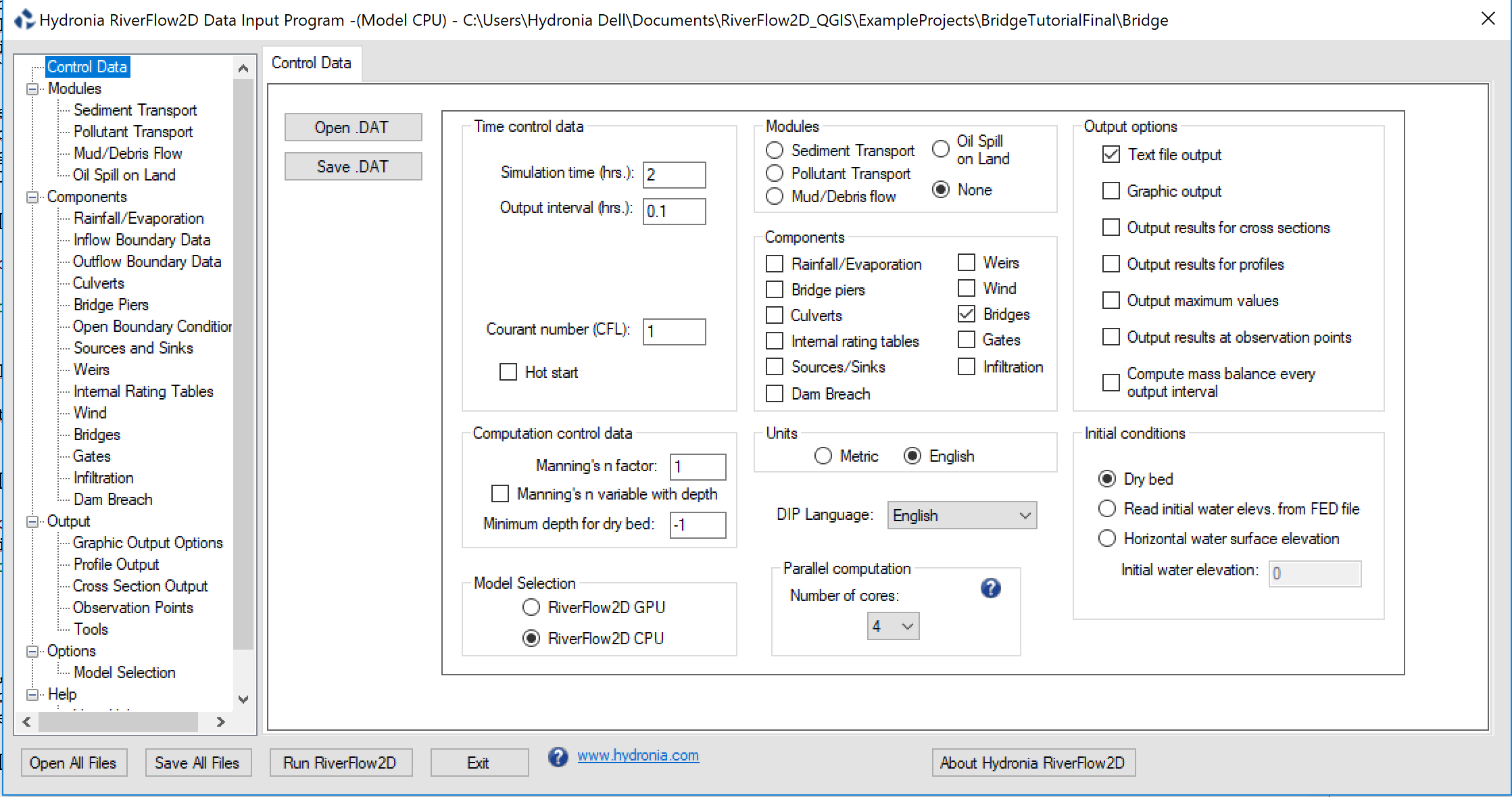 Panel DIP *Control Data* con el componente Puentes seleccionado.