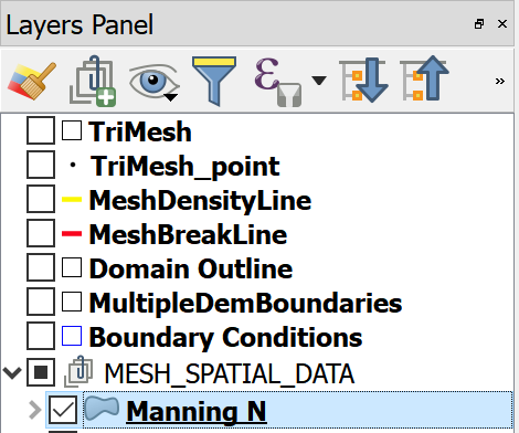 Panel de capas de QGIS con la capa Manning N seleccionada.