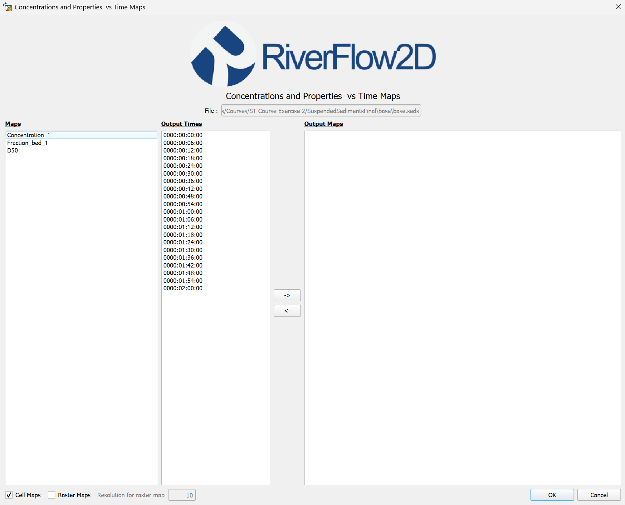 Diálogo de Concentrations and Properties vs Time Maps para OilFlow2D