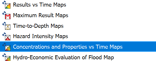 Menú de Concentrations and Properties vs Time Maps para OilFlow2D