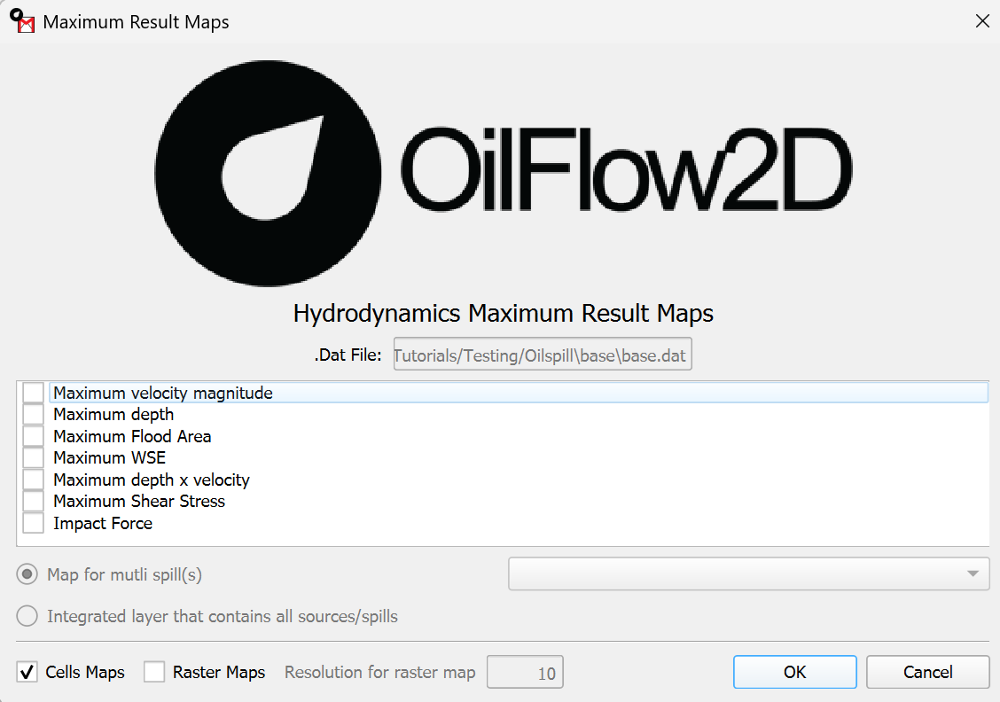 Diálogo de Maximum Result Maps hidrodinámicos para OilFlow2D