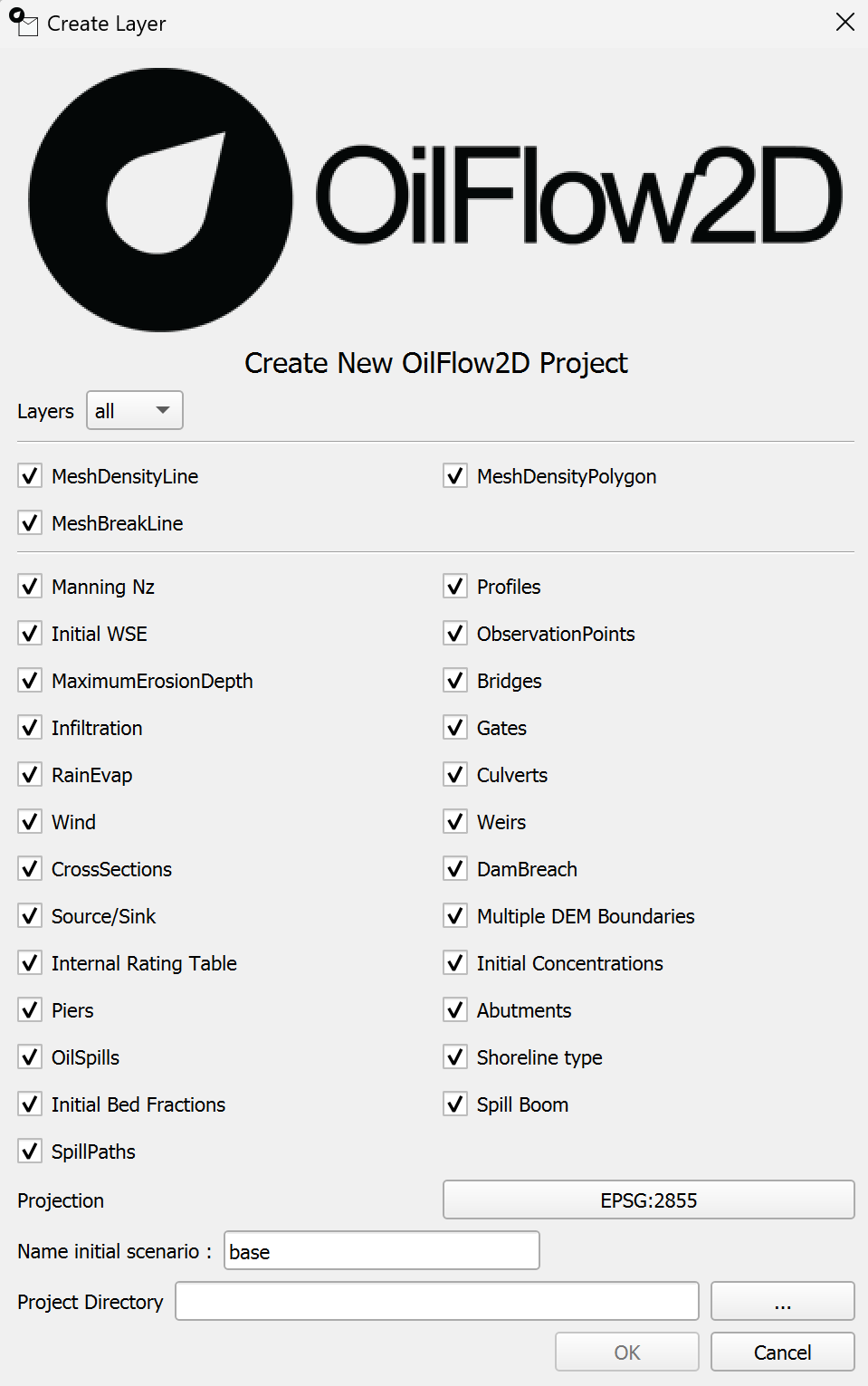 Diálogo Crear Nuevo Proyecto para OilFlow2D