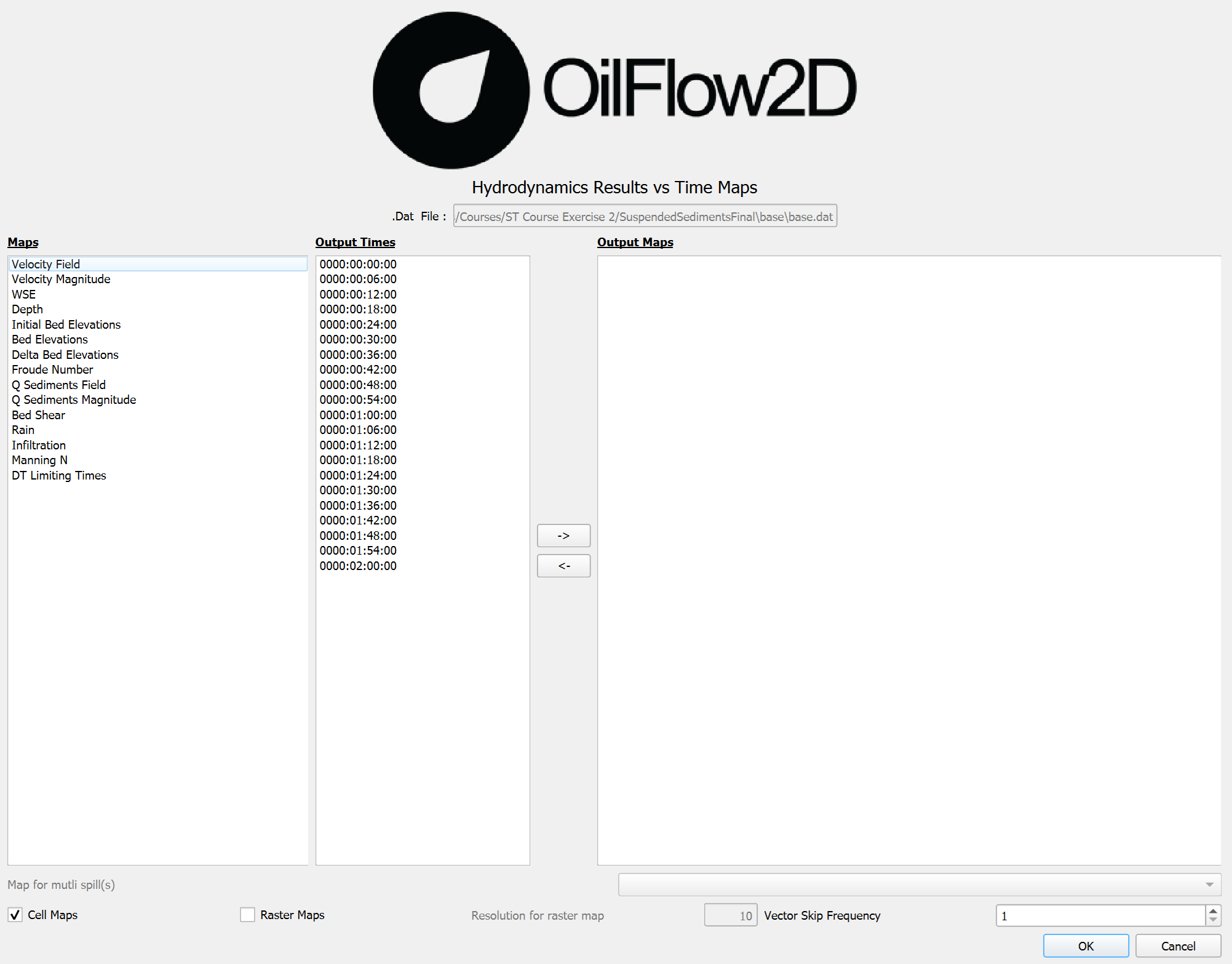 Diálogo de Results vs Time Maps para OilFlow2D