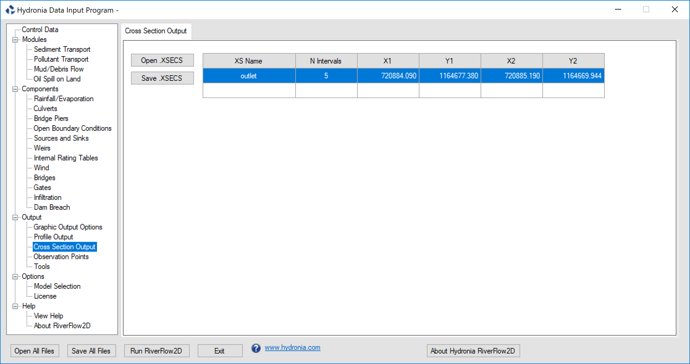 Panel de Cross Section Output.