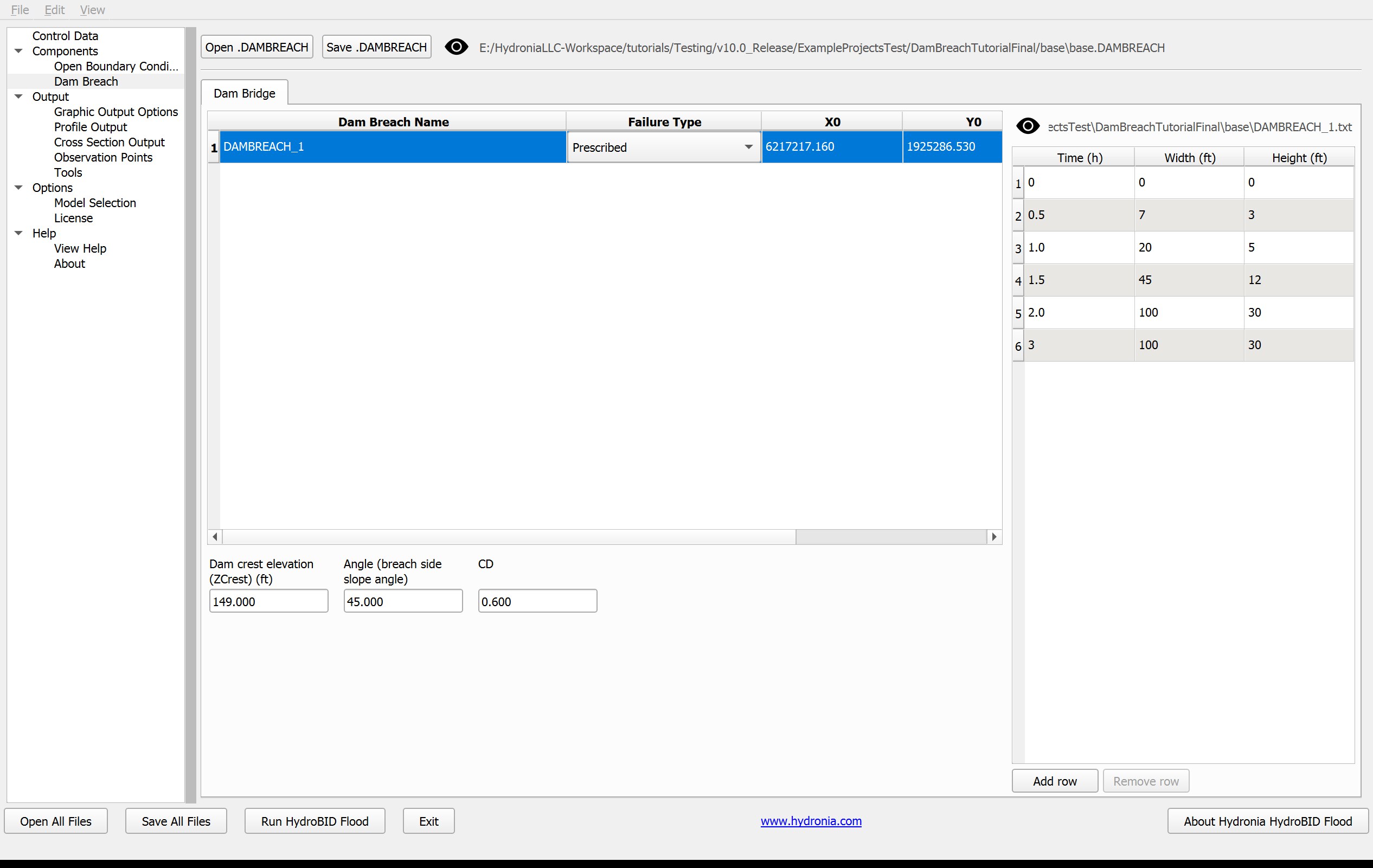 Panel QGIS DIP del componente Dam Breach.