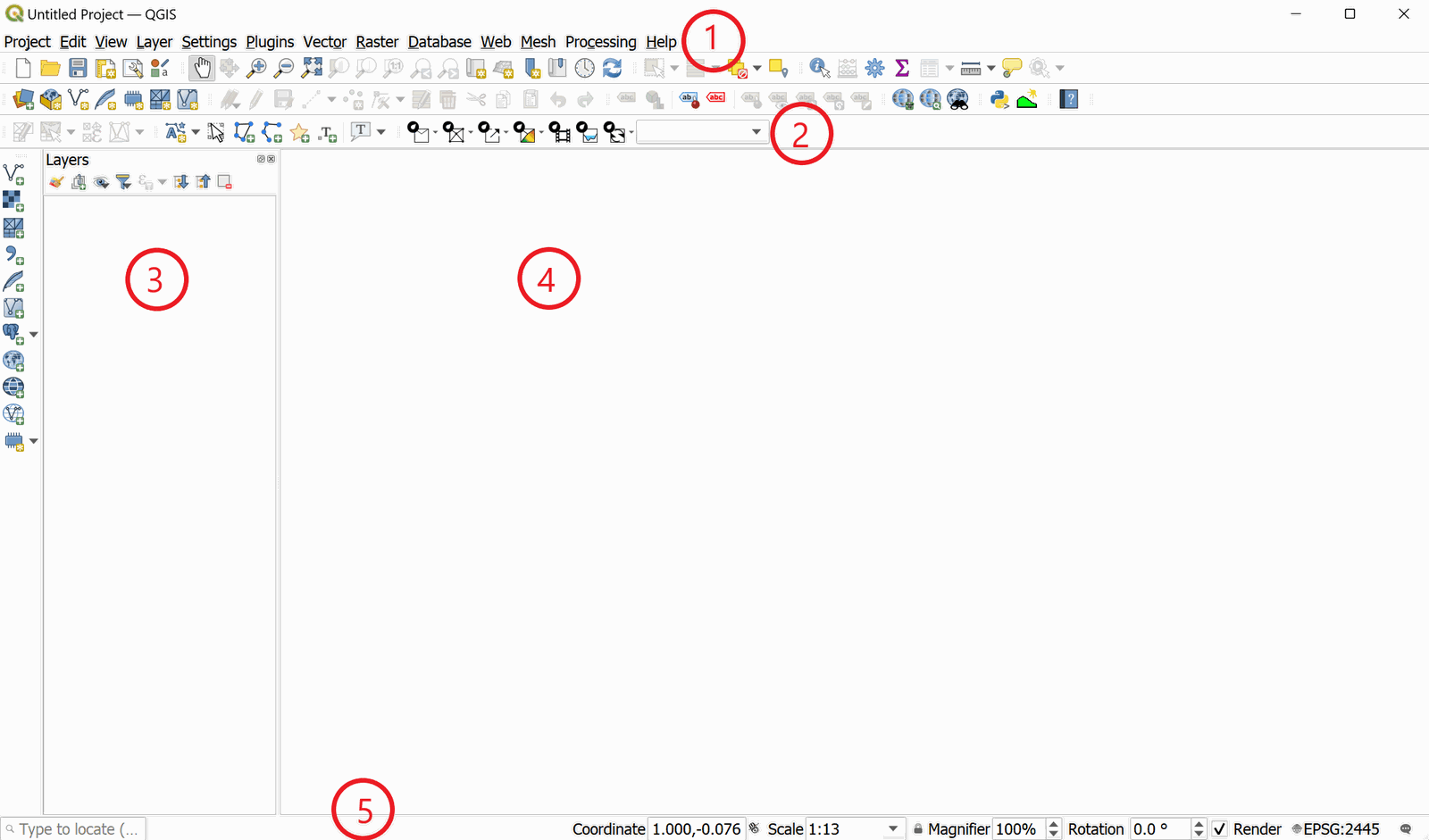 Interfaz de QGIS para OilFlow2D indicando las áreas de la ventana. 1: Barra de menús, 2: Barra de herramientas, 3: Panel de capas, 4: Área de visualización de mapas, 5: Barra de estado.