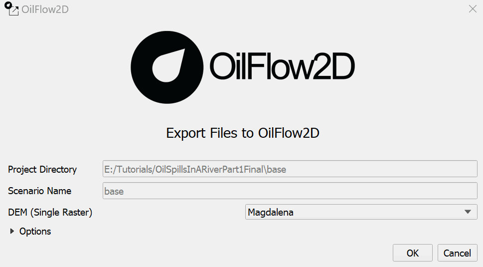 Ventana de diálogo de la herramienta Exportar a OilFlow2D con los datos de ejemplo.