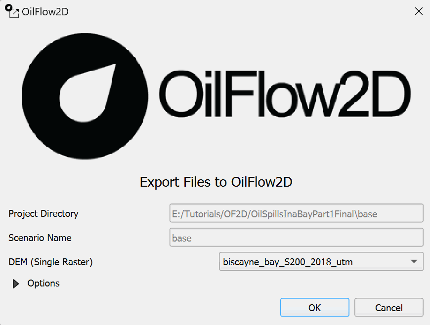 Window dialog of the Export to OilFlow2D tool with the example data.