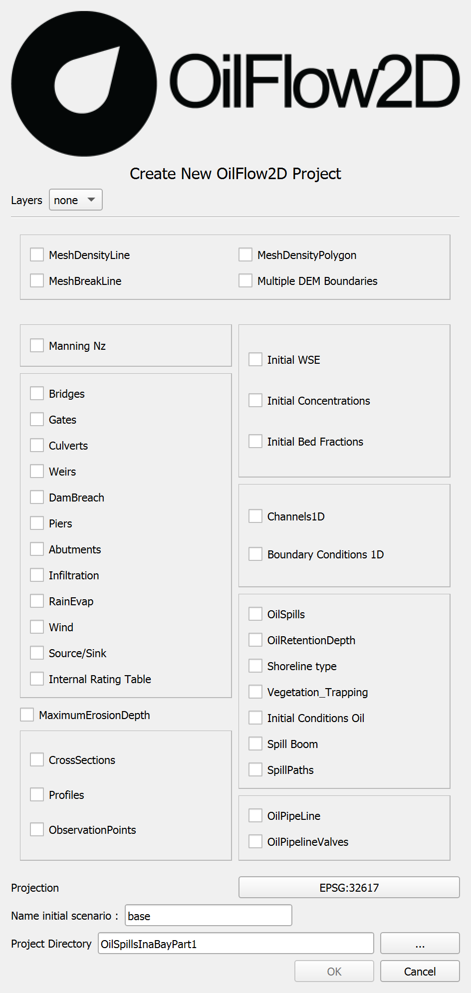 Create New OilFlow2D Project configured for OilSpillsInaBayPart1.