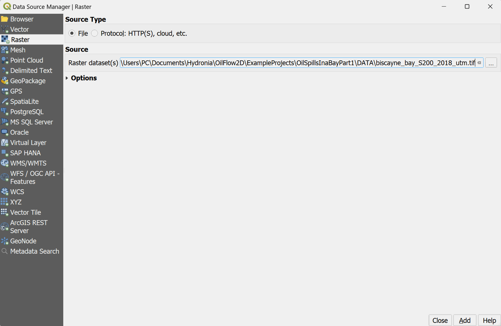 Raster data import dialog.