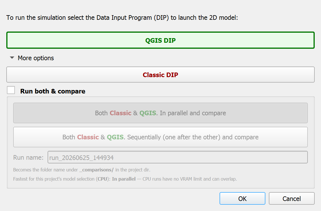 Diálogo Open DIP con QGIS DIP seleccionado de forma predeterminada y More options expandido con Classic DIP.