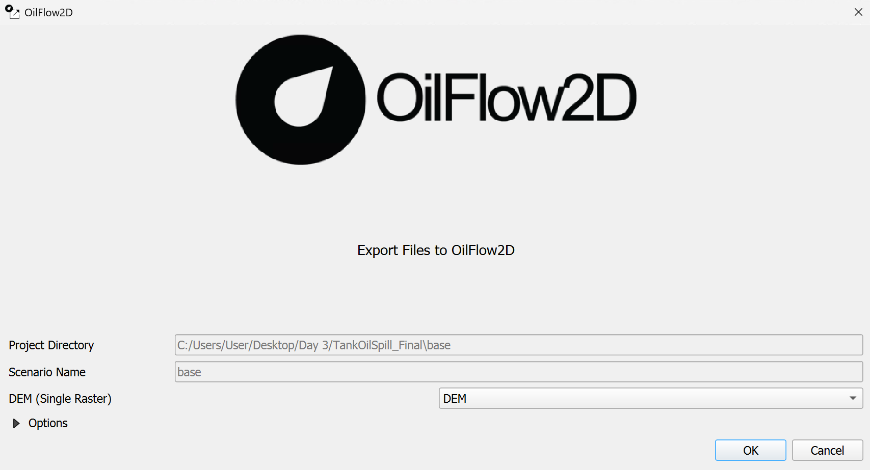 Ventana de diálogo de la herramienta Exportar a OilFlow2D con los datos del ejemplo.