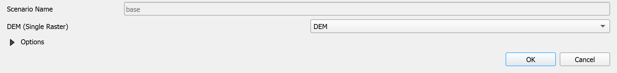 Scenario Name base and DEM selected in the OilFlow2D export dialog