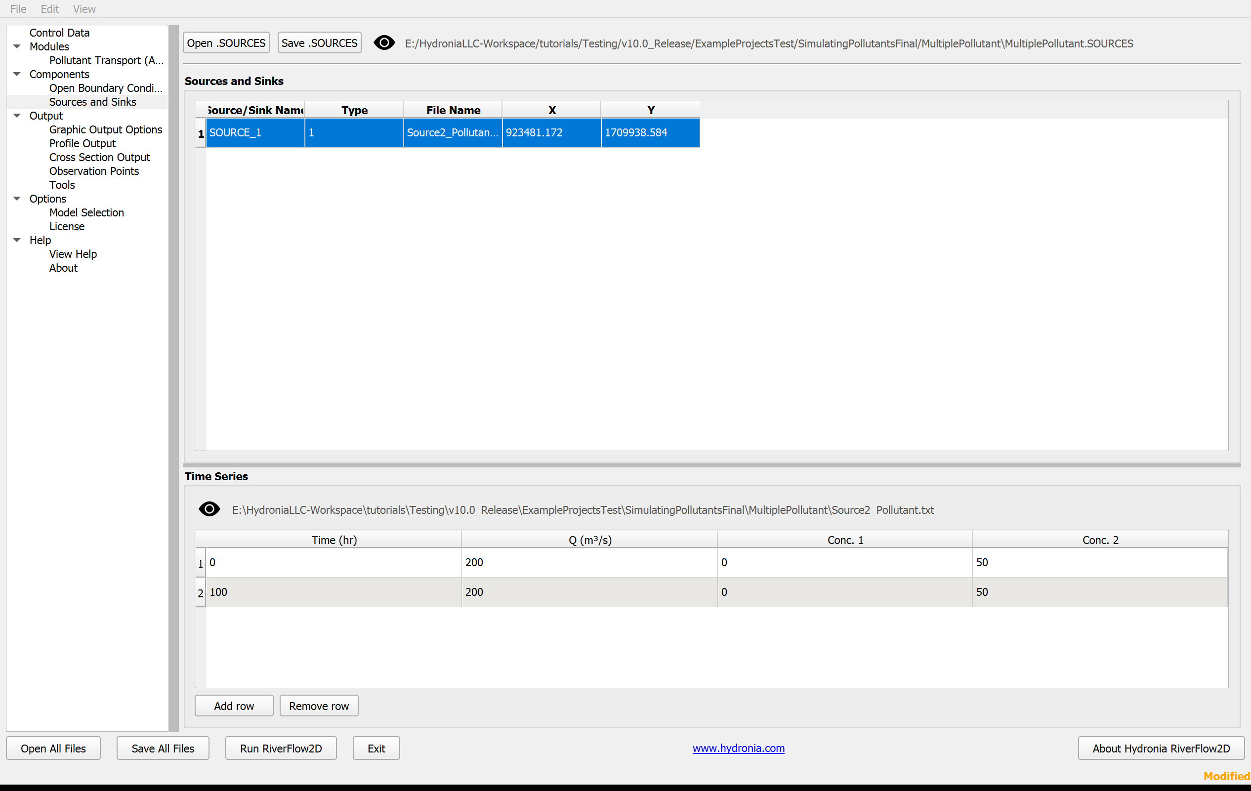 Captura pendiente de revisión: Panel Sources and Sinks de QGIS DIP para el escenario de múltiples contaminantes.